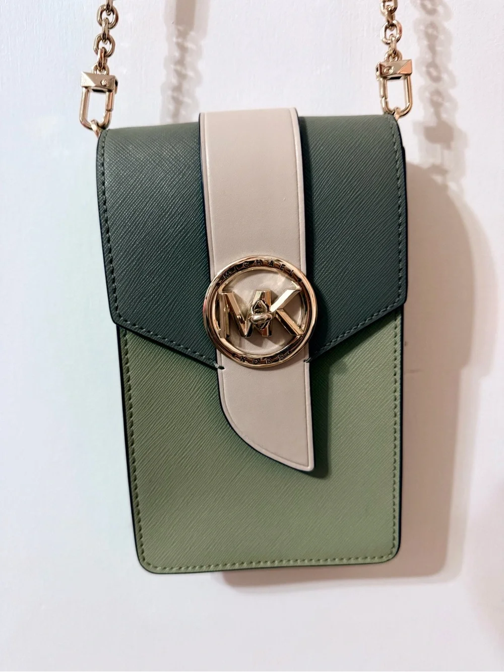 Michael Kors Green & Cream Saffiano Crossbody Phone Bag with Gold MK Logo